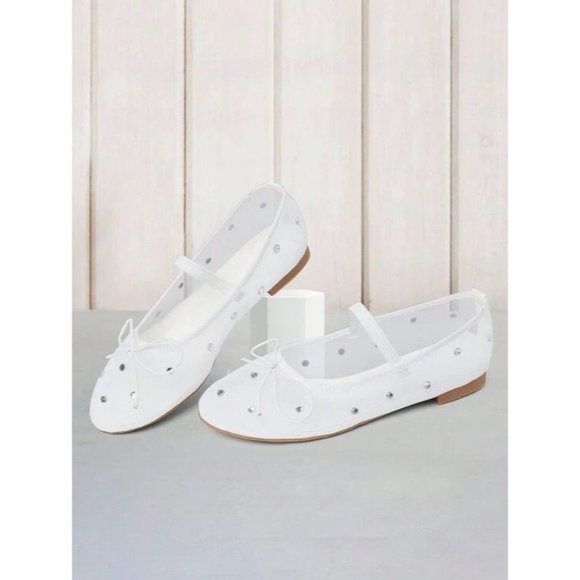 Miss Left Shoes - Miss Left Crystal-Embellished Mesh Flat Mary Jane Breathable Ballet Flats Ivory